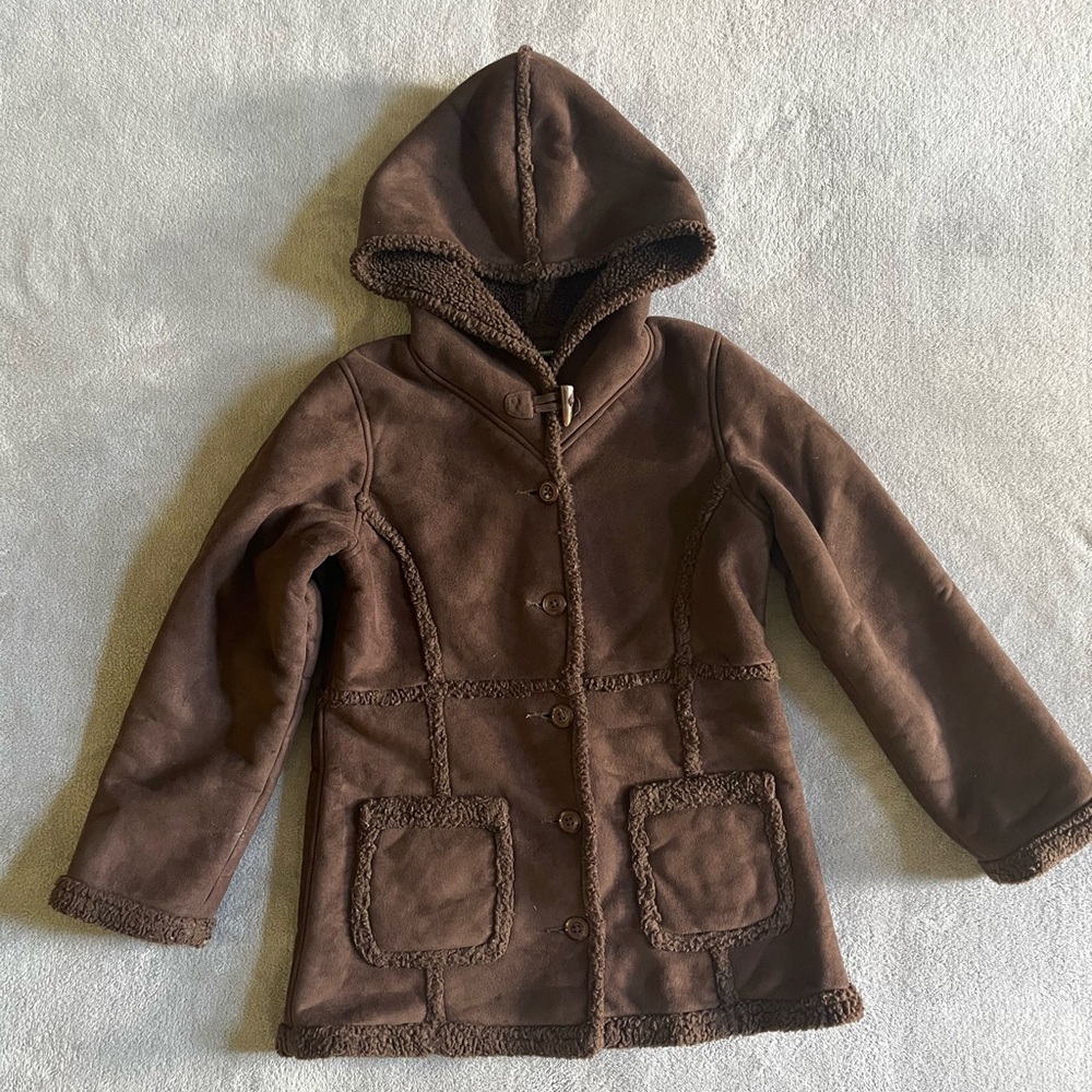 L.L Bean Faux Suede Fur Coat Toggle Hooded Sherpa Shearling Girls Sz 10/12 Brown
